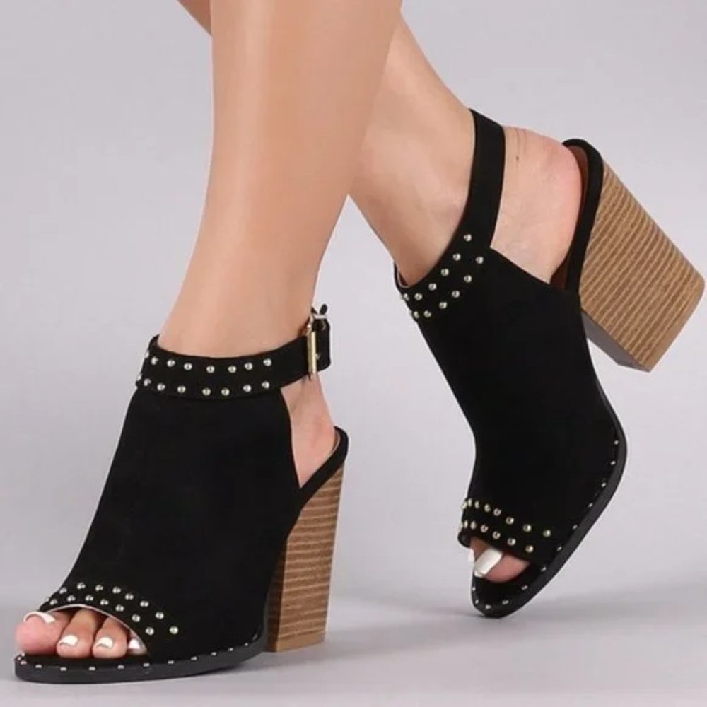 Gold Studded Black Slingback Peep Toe Block Heels - Picture 5 of 9